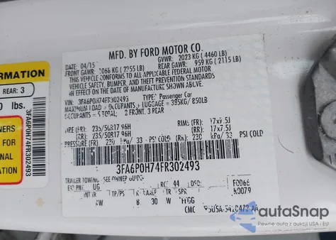 2015 Ford Fusion Se из США, поврежденный, VIN 3FA6P0H74FR302493